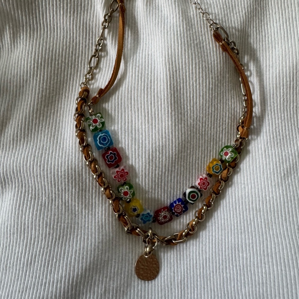 Colorful Free People Beaded Necklace with Silver Accents and leather - Picture 2 of 3
